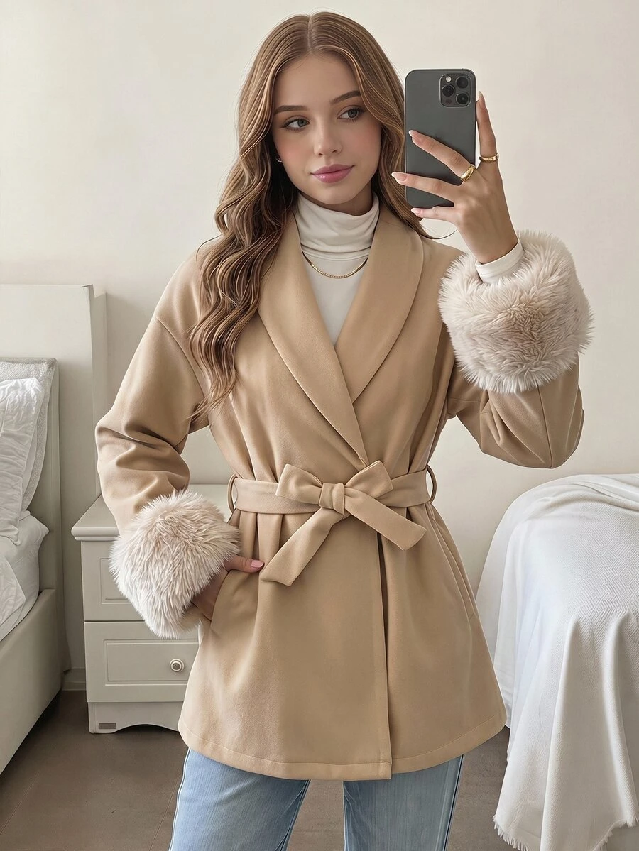 SHEIN Teen Girls Overcoats Autumn/Winter New Apricot Faux Fur Patchwork Waist-Cinching Overcoat - Apricot - View 1