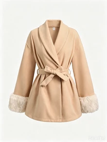 SHEIN Teen Girls Overcoats Autumn/Winter New Apricot Faux Fur Patchwork Waist-Cinching Overcoat - Apricot - View 3