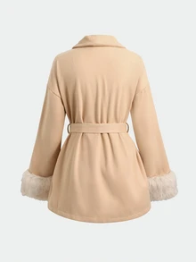 SHEIN Teen Girls Overcoats Autumn/Winter New Apricot Faux Fur Patchwork Waist-Cinching Overcoat - Apricot - View 2