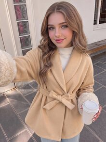 SHEIN Teen Girls Overcoats Autumn/Winter New Apricot Faux Fur Patchwork Waist-Cinching Overcoat - Apricot - View 8
