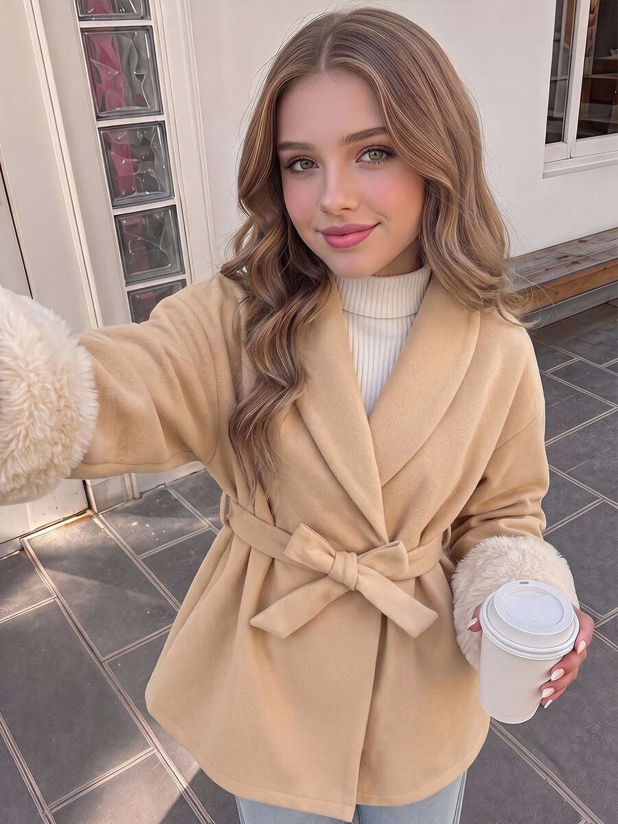 SHEIN Teen Girls Overcoats Autumn/Winter New Apricot Faux Fur Patchwork Waist-Cinching Overcoat - Apricot - View 1