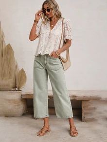 EMERY ROSE Women's Casual Boho Loose Distressed Wide-Leg Jeans Vacation Sage Green Summer,New Autumn Arrivals Brunch Vacation - Army Green - View 3