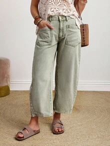 EMERY ROSE Women's Casual Boho Loose Distressed Wide-Leg Jeans Vacation Sage Green Summer,New Autumn Arrivals Brunch Vacation - Army Green - View 1