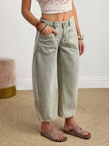 EMERY ROSE Women's Casual Boho Loose Distressed Wide-Leg Jeans Vacation Sage Green Summer,New Autumn Arrivals Brunch Vacation - Army Green - View 5