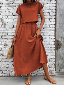 Holdful Holdful Women Solid Color Short Sleeve Top And Skirt 2 Pieces Set - Redwood - View 6