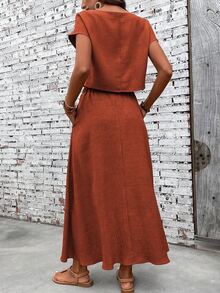 Holdful Holdful Women Solid Color Short Sleeve Top And Skirt 2 Pieces Set - Redwood - View 3