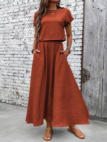 Holdful Holdful Women Solid Color Short Sleeve Top And Skirt 2 Pieces Set - Redwood - View 4