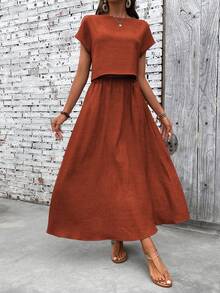 Holdful Holdful Women Solid Color Short Sleeve Top And Skirt 2 Pieces Set - Redwood - View 5