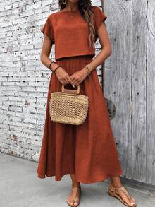 Holdful Holdful Women Solid Color Short Sleeve Top And Skirt 2 Pieces Set - Redwood - View 7