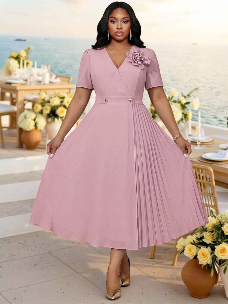 M☆ Butterfly Collar Pleated Dress Fleurora Elegant Women's Dusty Pink Pleated Midi Dress With V-Neck