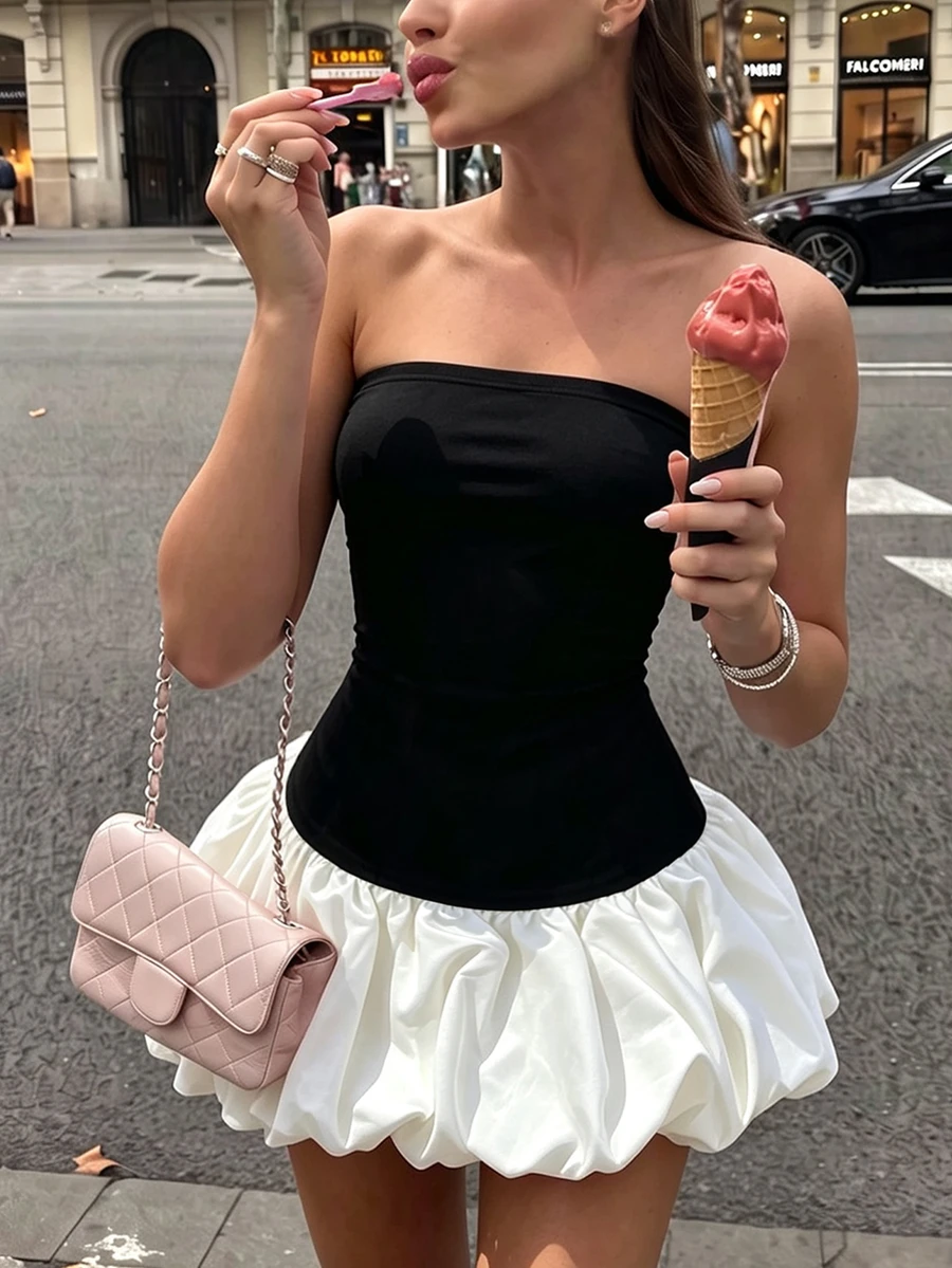 valorelle valorelle 女款配色拼接泡泡下擺針織抹胸洋裝,附腰部收腰設計,優雅性感雞尾酒裙,適合婚禮派對、夜晚外出活動,黑白配色夏季款 - 黑與白 - 查看 1