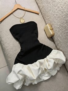 valorelle valorelle 女款配色拼接泡泡下擺針織抹胸洋裝，附腰部收腰設計，優雅性感雞尾酒裙，適合婚禮派對、夜晚外出活動，黑白配色夏季款 - 黑與白 - 查看 2