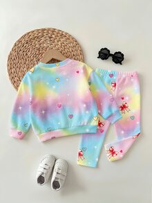 Sweet & Cool Rainbow Gradient Girls Outfit, Cartoon Cute Dumpling Print Crew Neck Fleece Sweatshirt + All-Over Heart & Bow Elastic Long Pants, Soft & Comfortable Autumn/Winter Outfit For Girls - Multicolor - View 2