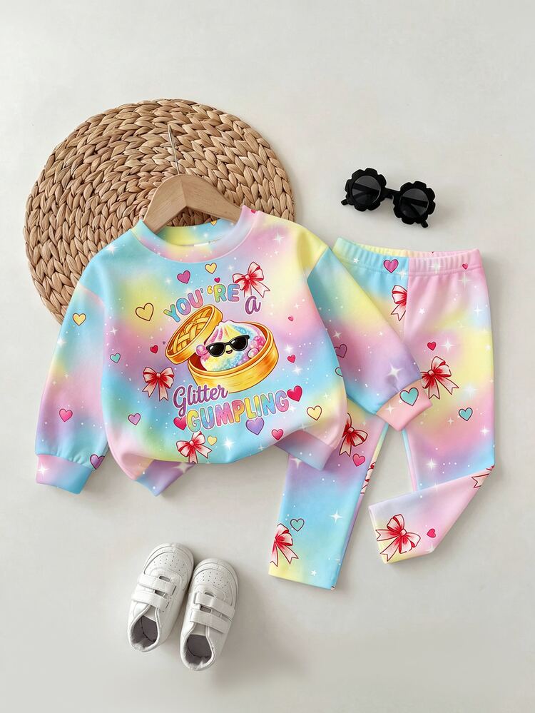 Sweet & Cool Rainbow Gradient Girls Outfit, Cartoon Cute Dumpling Print Crew Neck Fleece Sweatshirt + All-Over Heart & Bow Elastic Long Pants, Soft & Comfortable Autumn/Winter Outfit For Girls - Multicolor - View 3