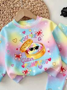 Sweet & Cool Rainbow Gradient Girls Outfit, Cartoon Cute Dumpling Print Crew Neck Fleece Sweatshirt + All-Over Heart & Bow Elastic Long Pants, Soft & Comfortable Autumn/Winter Outfit For Girls - Multicolor - View 4