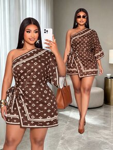 SOLERSUN Plus Size Fashion Commuter All-Over Print Asymmetrical Collar Dress Fall - Brown - View 3