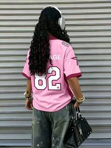 Rovax 女款半拉鍊落肩短袖休閒街頭風 Y2K 寬鬆 T-shirt 時尚夏季教師風 亮粉色 - 彩色 - 查看 2