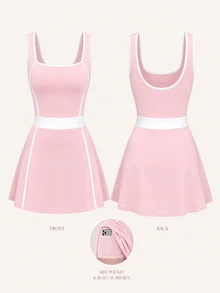 CourtClass CourtClass 1pc Pink Tennis Dress With Built-In Shorts, Side Pocket & Contrast Trim For Tennis Summer Women - Baby Pink - View 5