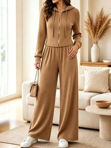 SuriyaCove Women's Casual Solid Color Hoodie & Pants 2 Pieces Set - Khaki - View 3