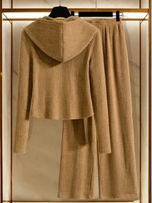 SuriyaCove Women's Casual Solid Color Hoodie & Pants 2 Pieces Set - Khaki - View 4