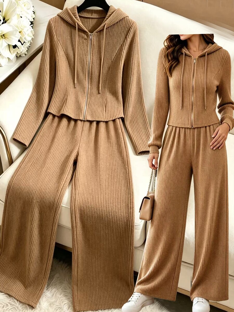 SuriyaCove Women's Casual Solid Color Hoodie & Pants 2 Pieces Set - Khaki - View 1