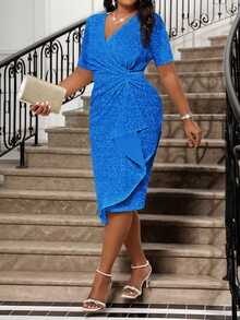 Fleurora Royal Blue Elegant Wedding Autumn Plus Size Dress,Women's Deep V Neck Rhinestone Ruffle Knitted Slim Sparkly Prom Formal Party Reception Dress - Royal Blue - View 3