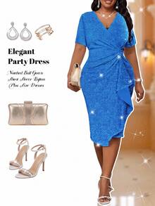 Fleurora Royal Blue Elegant Wedding Autumn Plus Size Dress,Women's Deep V Neck Rhinestone Ruffle Knitted Slim Sparkly Prom Formal Party Reception Dress - Royal Blue - View 1