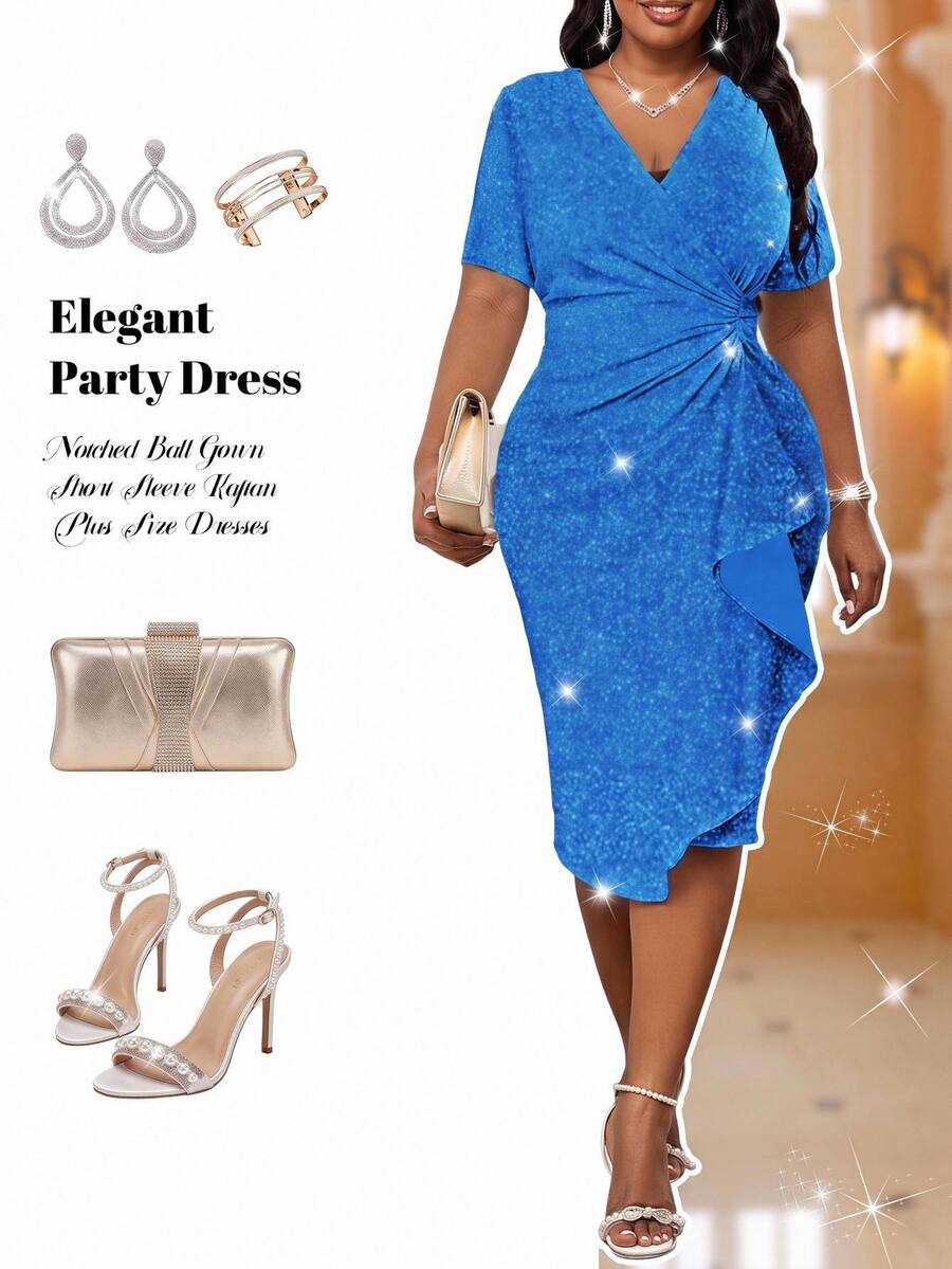 Fleurora Royal Blue Elegant Wedding Autumn Plus Size Dress,Women's Deep V Neck Rhinestone Ruffle Knitted Slim Sparkly Prom Formal Party Reception Dress - Royal Blue - View 1