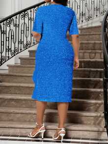 Fleurora Royal Blue Elegant Wedding Autumn Plus Size Dress,Women's Deep V Neck Rhinestone Ruffle Knitted Slim Sparkly Prom Formal Party Reception Dress - Royal Blue - View 2