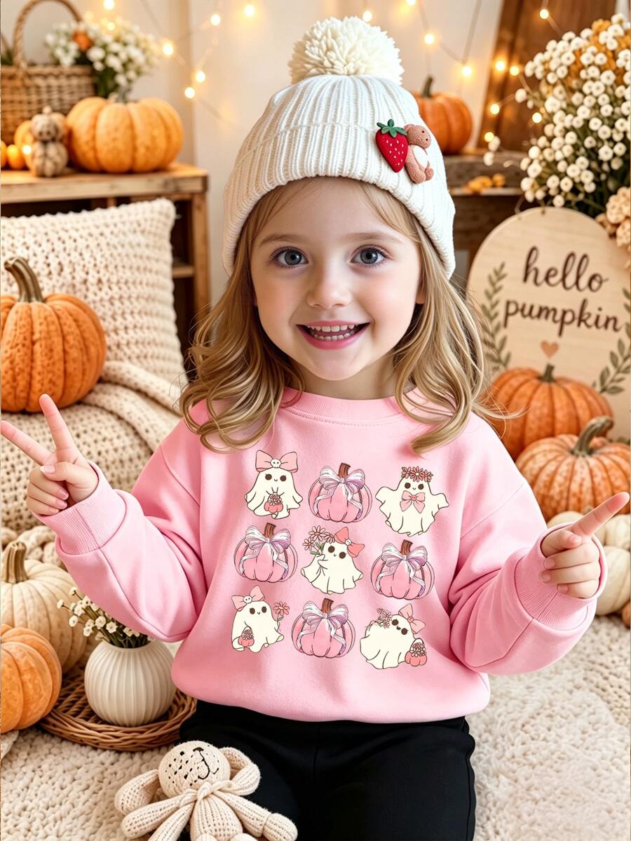 (1 Pc) Young Girls' Fresh Cartoon Ghost Pink Pumpkin Bow Flower Basket Pattern Basic Crew Neck Sweatshirt, Halloween Atmosphere Outfit Autumn & Fall - Pink - View 1
