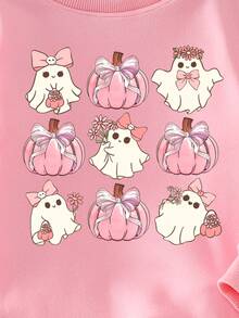 (1 Pc) Young Girls' Fresh Cartoon Ghost Pink Pumpkin Bow Flower Basket Pattern Basic Crew Neck Sweatshirt, Halloween Atmosphere Outfit Autumn & Fall - Pink - View 7