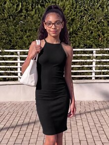 SHEIN 青少年女孩秋冬 3 件組洋裝，掛脖波點與素色羅紋貼身中長洋裝，Y2K 風格休閒穿搭萬聖節洋裝 - 彩色 - 查看 3