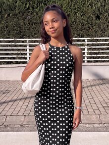 SHEIN 青少年女孩秋冬 3 件組洋裝，掛脖波點與素色羅紋貼身中長洋裝，Y2K 風格休閒穿搭萬聖節洋裝 - 彩色 - 查看 2