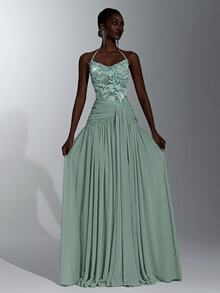 Elitara Elegant Sage Green Sequin Lace Chiffon Spaghetti Strap V-Neck Pleated Flowy A-Line Maxi Prom Wedding Guest Bridesmaid Evening Gown Winter - Green - View 5