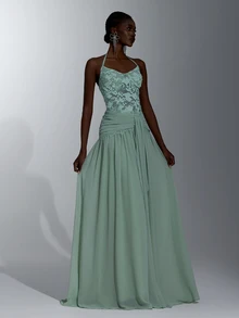Elitara Elegant Sage Green Sequin Lace Chiffon Spaghetti Strap V-Neck Pleated Flowy A-Line Maxi Prom Wedding Guest Bridesmaid Evening Gown Winter - Green - View 7
