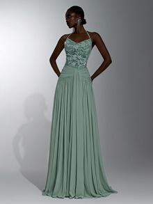 Elitara Elegant Sage Green Sequin Lace Chiffon Spaghetti Strap V-Neck Pleated Flowy A-Line Maxi Prom Wedding Guest Bridesmaid Evening Gown Winter - Green - View 3