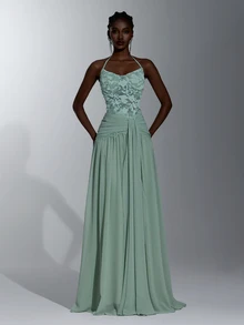 Elitara Elegant Sage Green Sequin Lace Chiffon Spaghetti Strap V-Neck Pleated Flowy A-Line Maxi Prom Wedding Guest Bridesmaid Evening Gown Winter - Green - View 6