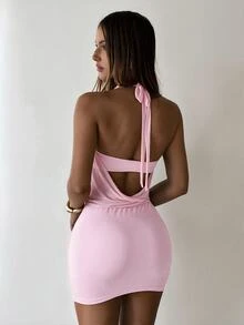 Aloruh Women's Metal Decor Pleated Fashion Sexy Dating Club Night Out Party Mini Halter Dress Pink Summer - Baby Pink - View 2