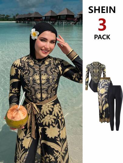 Swim Mulvari مجموعة ملابس سباحة نسائية من قطعتين للصيف، بدلة سباحة قطعة واحدة بأكمام طويلة وياقة على شكل حرف V مع سحاب وتباين في الألوان بطراز قصر