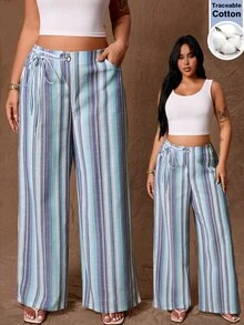 Rustia Celana Panjang Ukuran Plus Musim Semi/Gugur Berdesain Niche Fashion Bergaris Serbaguna untuk Komuter, Celana Panjang Formal Musim Gugur, Liburan, Kotak-kotak Biru, Kasual, Boho - MultiWarna - View 1