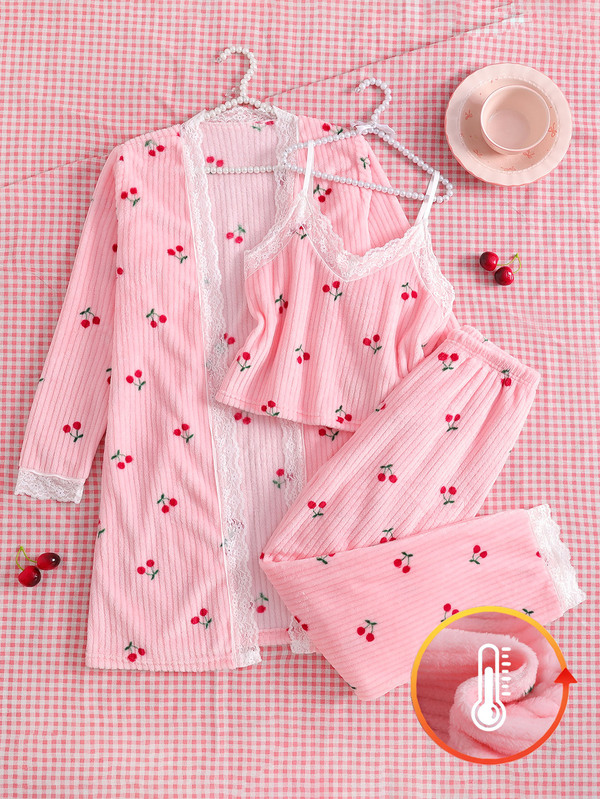 Teen Girls 3pcs Fuzzy Robe, Camisole And Pants Set, Popular Striped Plush Cherry All-Over Print Fashion Lace Design Home Wear Loungewear Outfit
