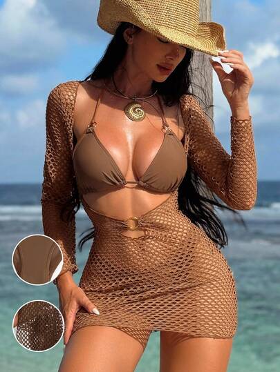 Bonvoyette Summer Beach Plain Halter Triangle Bikini Set With Cover Up