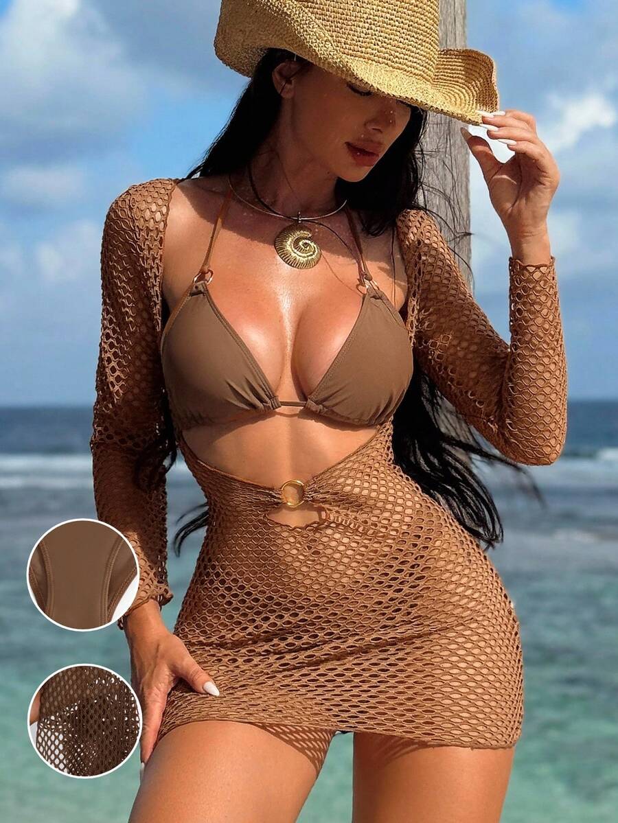 Bonvoyette Summer Beach Plain Halter Triangle Bikini Set With Cover Up