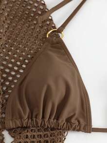 Bonvoyette Summer Beach Plain Halter Triangle Bikini Set With Cover Up - Coffee Brown - View 8