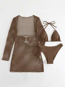 Bonvoyette Summer Beach Plain Halter Triangle Bikini Set With Cover Up - Coffee Brown - View 5