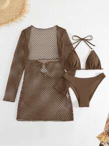 Bonvoyette Summer Beach Plain Halter Triangle Bikini Set With Cover Up - Coffee Brown - View 3