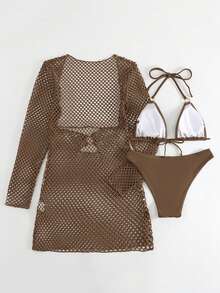 Bonvoyette Summer Beach Plain Halter Triangle Bikini Set With Cover Up - Coffee Brown - View 4