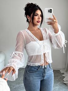 SHEIN CURVE+ 大尺碼女款短版透視寬鬆燈籠袖純色網紗開襟衫，白色婚禮正式款 - 白色 - 查看 1