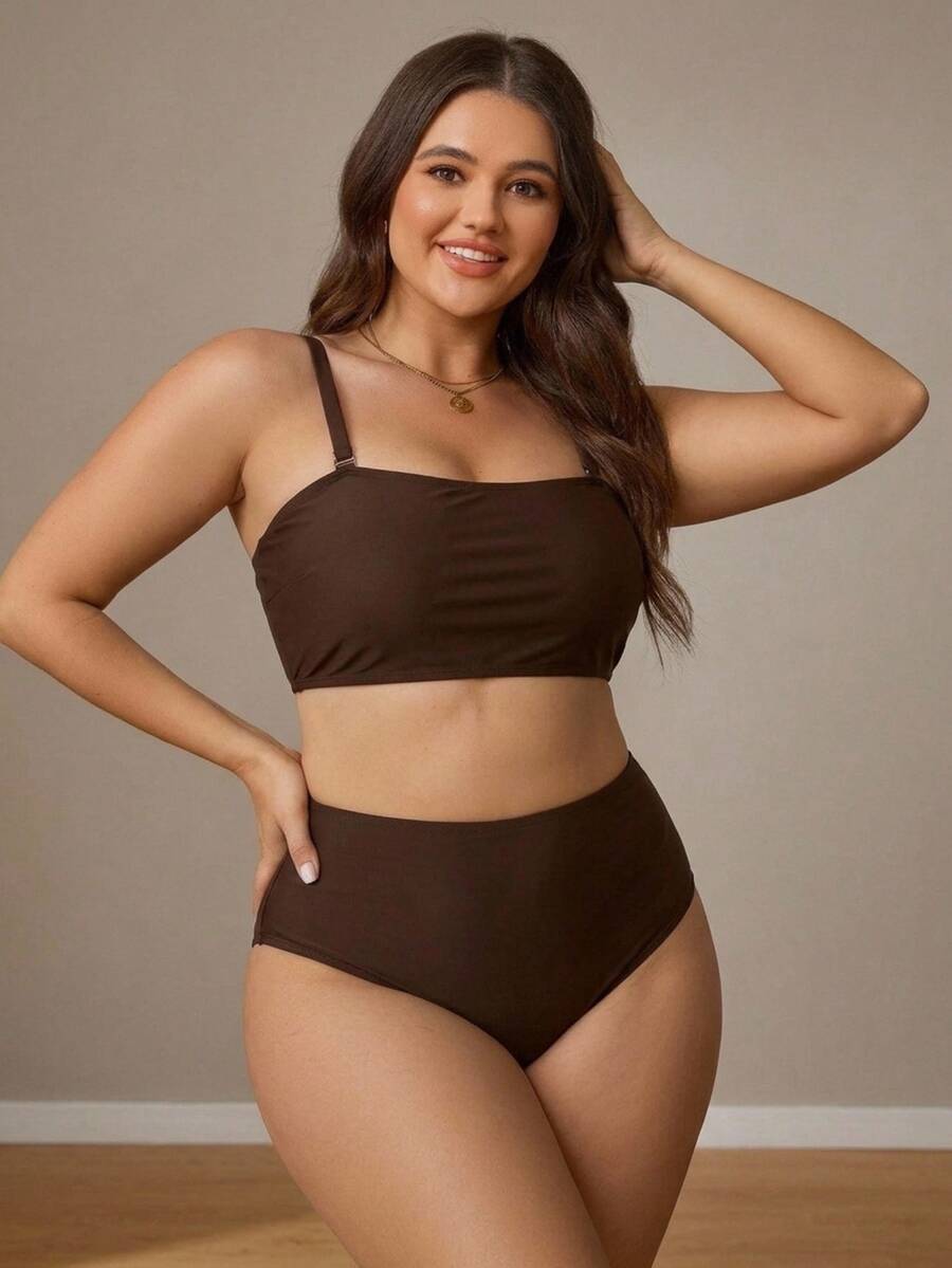 SHEIN Swim Curve 2026新款夏季基本款極簡大尺碼女款坦基尼泳衣套裝 度假海灘派對 棕色系 - 棕色 - 查看 1