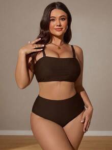 SHEIN Swim Curve 2026新款夏季基本款極簡大尺碼女款坦基尼泳衣套裝 度假海灘派對 棕色系 - 棕色 - 查看 4
